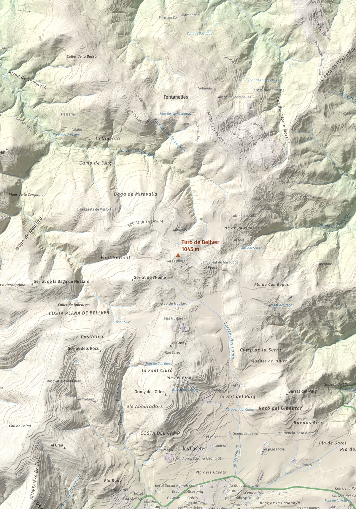 Mapa de relieve de Turó de Bellver, 1045 m, Moianès, lámina 100 Cims de Trobart. Detalle de la zona central. 70 × 100 cm.