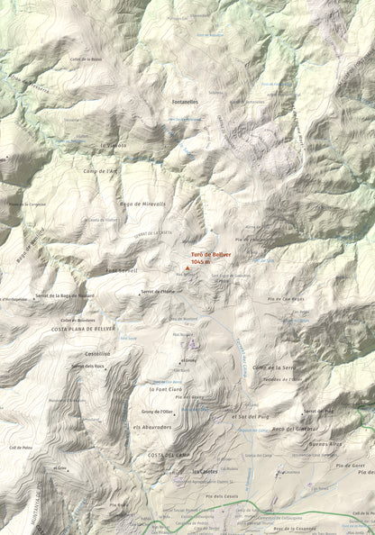 Mapa de relieve de Turó de Bellver, 1045 m, Moianès, lámina 100 Cims de Trobart. Detalle de la zona central. 70 × 100 cm.