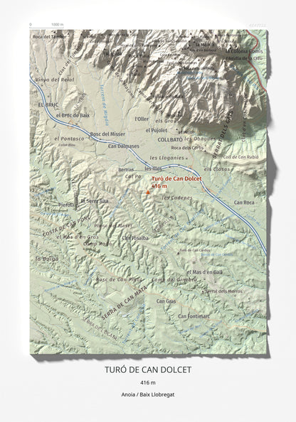 Mapa de relieve de Turó de Can Dolcet, 416 m, Anoia · Baix Llobregat, lámina 100 Cims de Trobart 21 × 30 cm.
