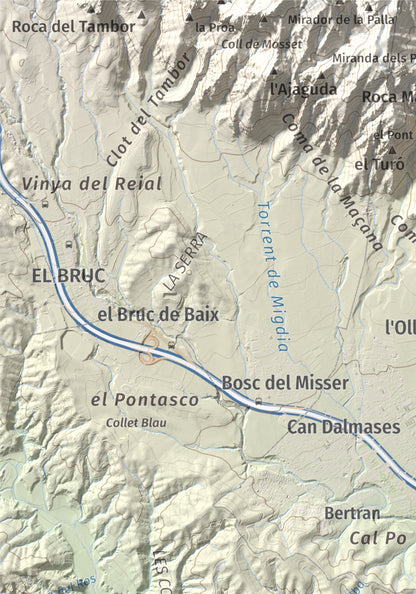 Mapa de relieve de Turó de Can Dolcet, 416 m, Anoia · Baix Llobregat, lámina 100 Cims de Trobart. Detalle de la zona superior izquierda. 21 × 30 cm.