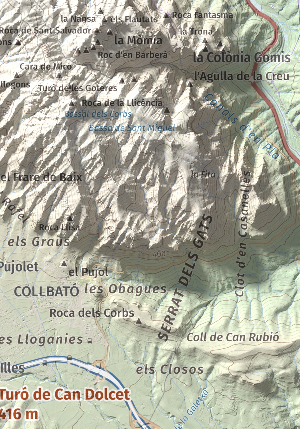Mapa de relieve de Turó de Can Dolcet, 416 m, Anoia · Baix Llobregat, lámina 100 Cims de Trobart. Detalle de la zona superior derecha. 21 × 30 cm.