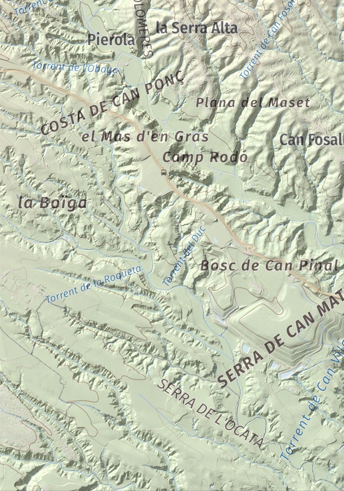 Mapa de relieve de Turó de Can Dolcet, 416 m, Anoia · Baix Llobregat, lámina 100 Cims de Trobart. Detalle de la zona inferior izquierda. 21 × 30 cm.