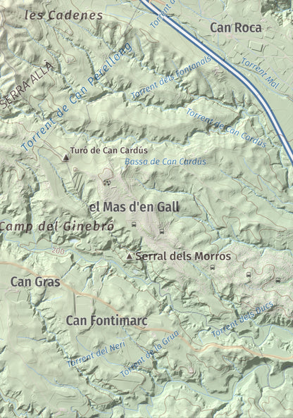 Mapa de relieve de Turó de Can Dolcet, 416 m, Anoia · Baix Llobregat, lámina 100 Cims de Trobart. Detalle de la zona inferior derecha. 21 × 30 cm.
