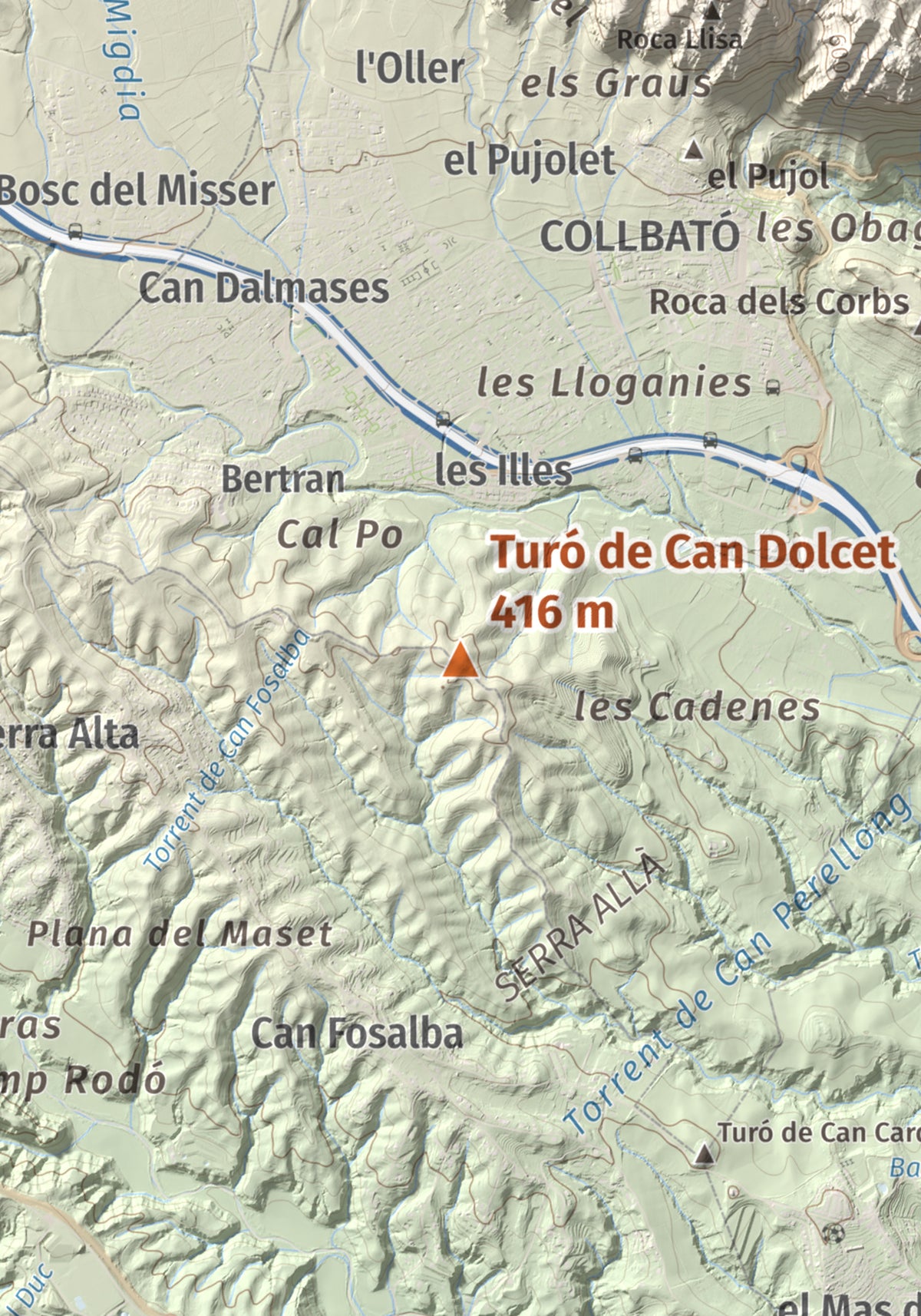 Mapa de relieve de Turó de Can Dolcet, 416 m, Anoia · Baix Llobregat, lámina 100 Cims de Trobart. Detalle de la zona central. 21 × 30 cm.