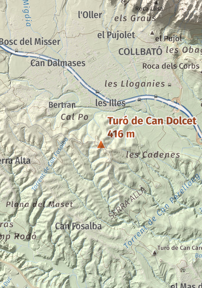 Mapa de relieve de Turó de Can Dolcet, 416 m, Anoia · Baix Llobregat, lámina 100 Cims de Trobart. Detalle de la zona central. 21 × 30 cm.