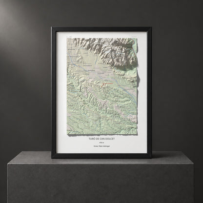 Mapa de relieve de Turó de Can Dolcet, 416 m, Anoia · Baix Llobregat, lámina 100 Cims de Trobart. Presentación enmarcada. 30 × 40 cm.