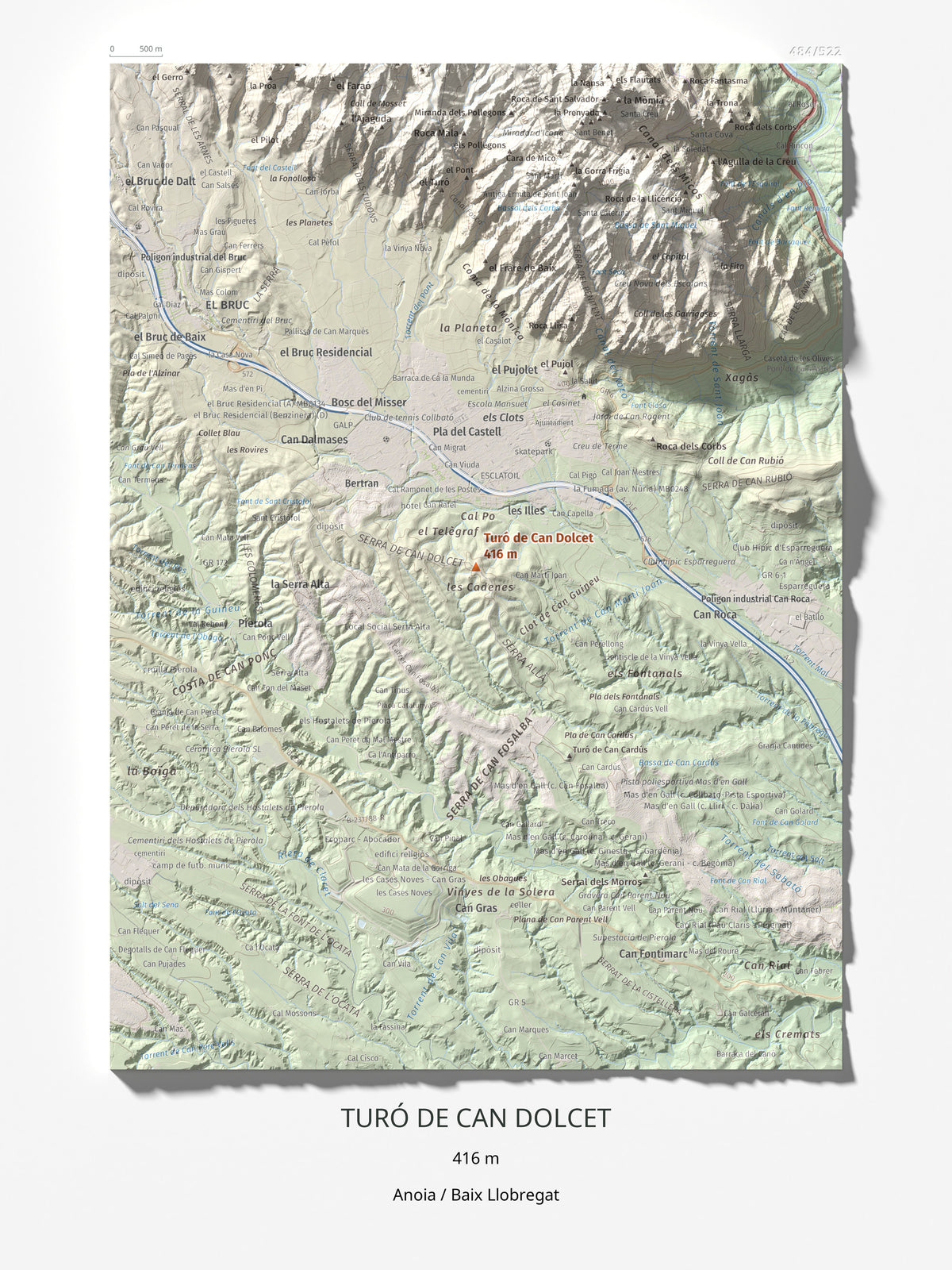 Mapa de relieve de Turó de Can Dolcet, 416 m, Anoia · Baix Llobregat, lámina 100 Cims de Trobart 30 × 40 cm.