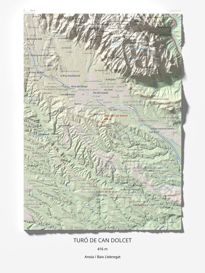 Mapa de relieve de Turó de Can Dolcet, 416 m, Anoia · Baix Llobregat, lámina 100 Cims de Trobart 30 × 40 cm.