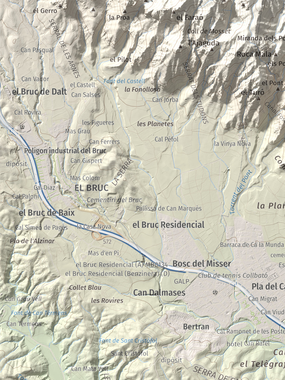 Mapa de relieve de Turó de Can Dolcet, 416 m, Anoia · Baix Llobregat, lámina 100 Cims de Trobart. Detalle de la zona superior izquierda. 30 × 40 cm.