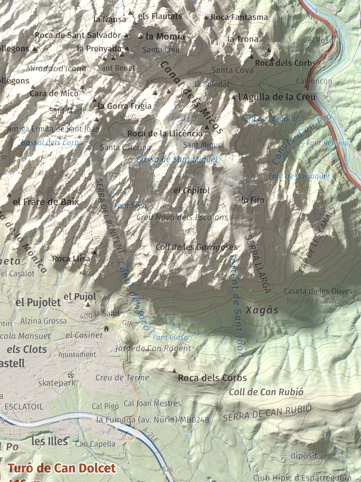 Mapa de relieve de Turó de Can Dolcet, 416 m, Anoia · Baix Llobregat, lámina 100 Cims de Trobart. Detalle de la zona superior derecha. 30 × 40 cm.