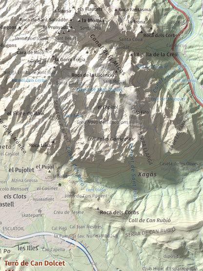 Mapa de relieve de Turó de Can Dolcet, 416 m, Anoia · Baix Llobregat, lámina 100 Cims de Trobart. Detalle de la zona superior derecha. 30 × 40 cm.