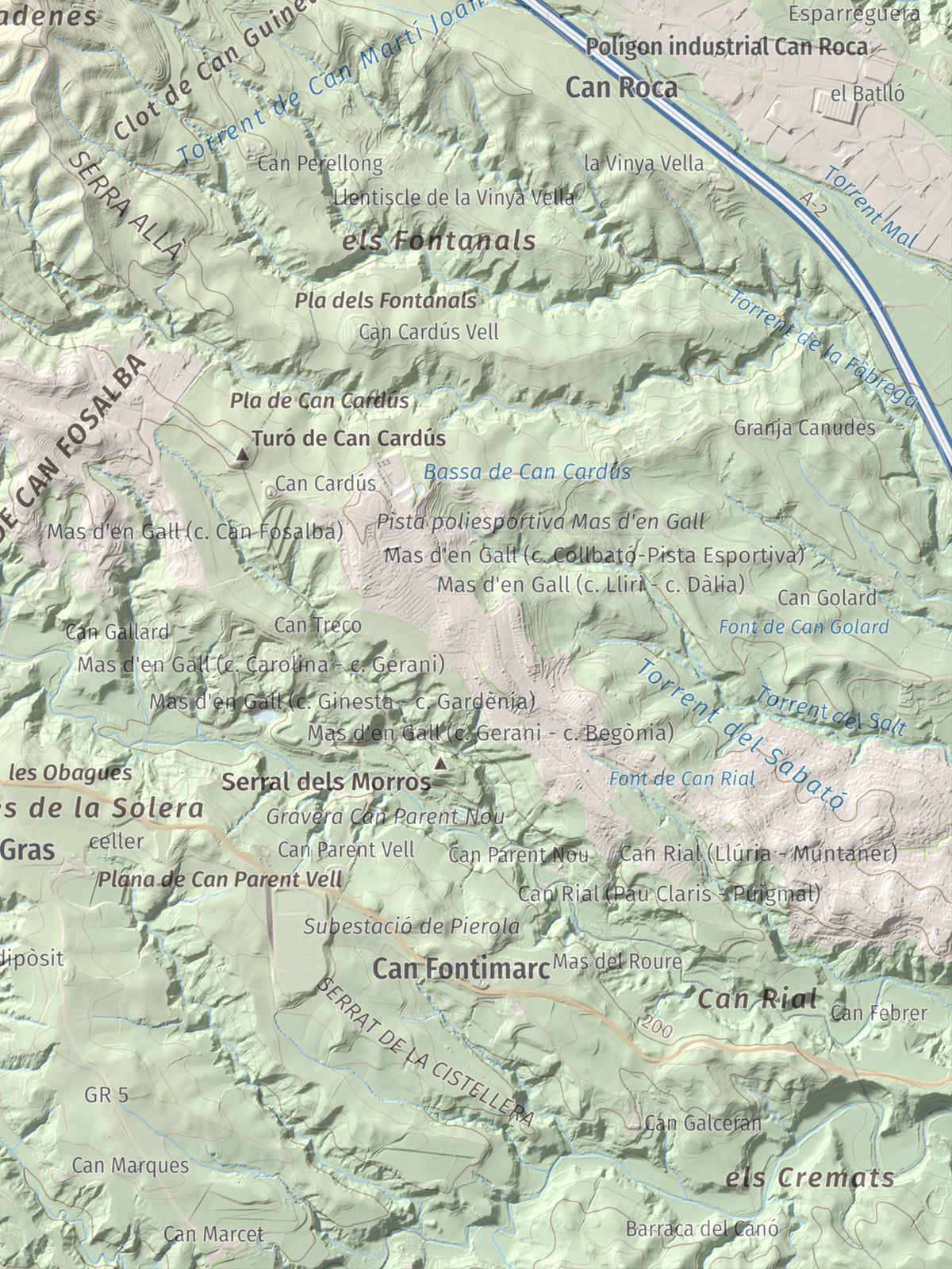 Mapa de relieve de Turó de Can Dolcet, 416 m, Anoia · Baix Llobregat, lámina 100 Cims de Trobart. Detalle de la zona inferior derecha. 30 × 40 cm.