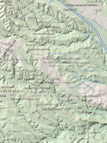 Mapa de relieve de Turó de Can Dolcet, 416 m, Anoia · Baix Llobregat, lámina 100 Cims de Trobart. Detalle de la zona inferior derecha. 30 × 40 cm.