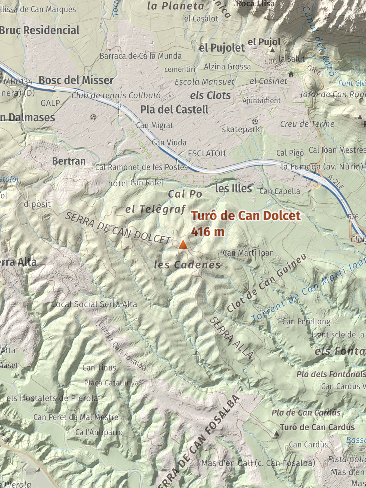 Mapa de relieve de Turó de Can Dolcet, 416 m, Anoia · Baix Llobregat, lámina 100 Cims de Trobart. Detalle de la zona central. 30 × 40 cm.