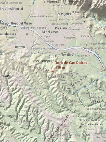 Mapa de relieve de Turó de Can Dolcet, 416 m, Anoia · Baix Llobregat, lámina 100 Cims de Trobart. Detalle de la zona central. 30 × 40 cm.