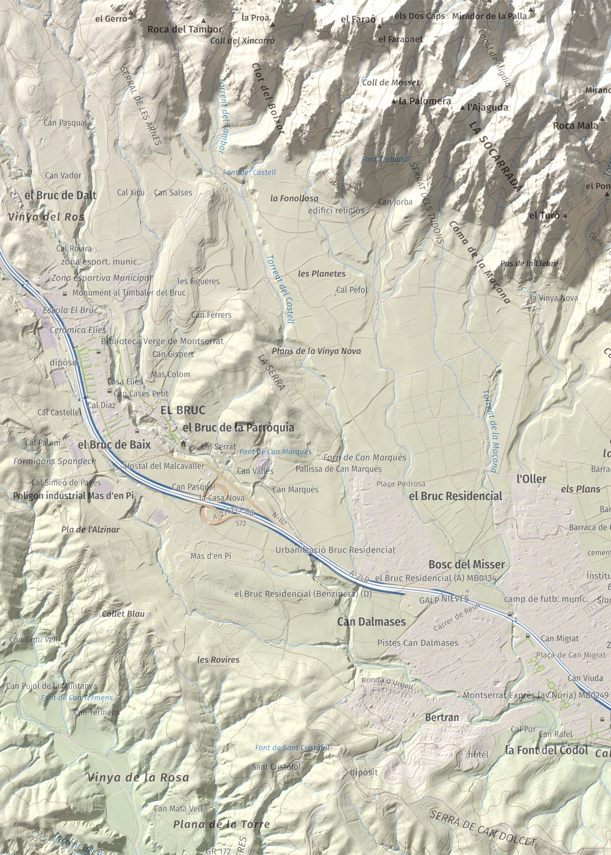 Mapa de relieve de Turó de Can Dolcet, 416 m, Anoia · Baix Llobregat, lámina 100 Cims de Trobart. Detalle de la zona superior izquierda. 50 × 70 cm.