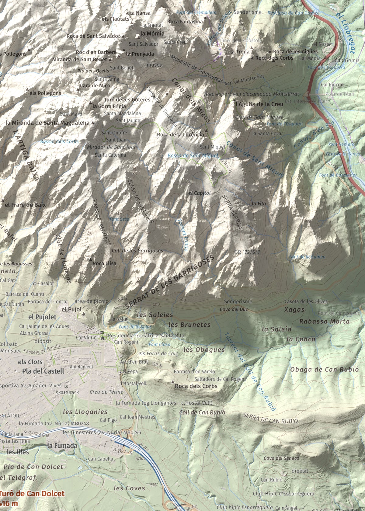 Mapa de relieve de Turó de Can Dolcet, 416 m, Anoia · Baix Llobregat, lámina 100 Cims de Trobart. Detalle de la zona superior derecha. 50 × 70 cm.