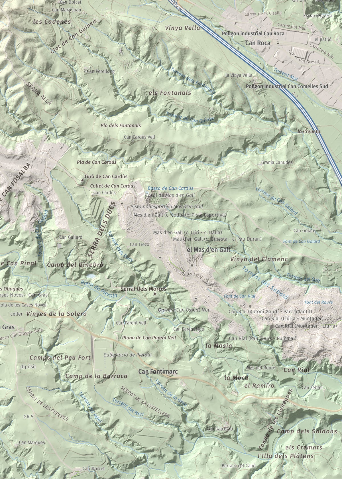 Mapa de relieve de Turó de Can Dolcet, 416 m, Anoia · Baix Llobregat, lámina 100 Cims de Trobart. Detalle de la zona inferior derecha. 50 × 70 cm.