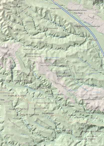 Mapa de relieve de Turó de Can Dolcet, 416 m, Anoia · Baix Llobregat, lámina 100 Cims de Trobart. Detalle de la zona inferior derecha. 50 × 70 cm.