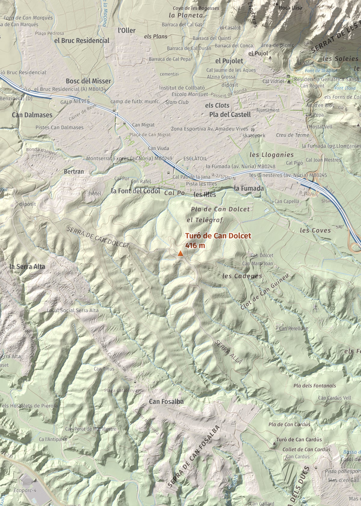 Mapa de relieve de Turó de Can Dolcet, 416 m, Anoia · Baix Llobregat, lámina 100 Cims de Trobart. Detalle de la zona central. 50 × 70 cm.