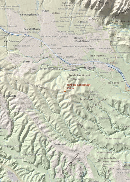 Mapa de relieve de Turó de Can Dolcet, 416 m, Anoia · Baix Llobregat, lámina 100 Cims de Trobart. Detalle de la zona central. 50 × 70 cm.