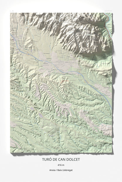 Mapa de relieve de Turó de Can Dolcet, 416 m, Anoia · Baix Llobregat, lámina 100 Cims de Trobart 61 × 91 cm.