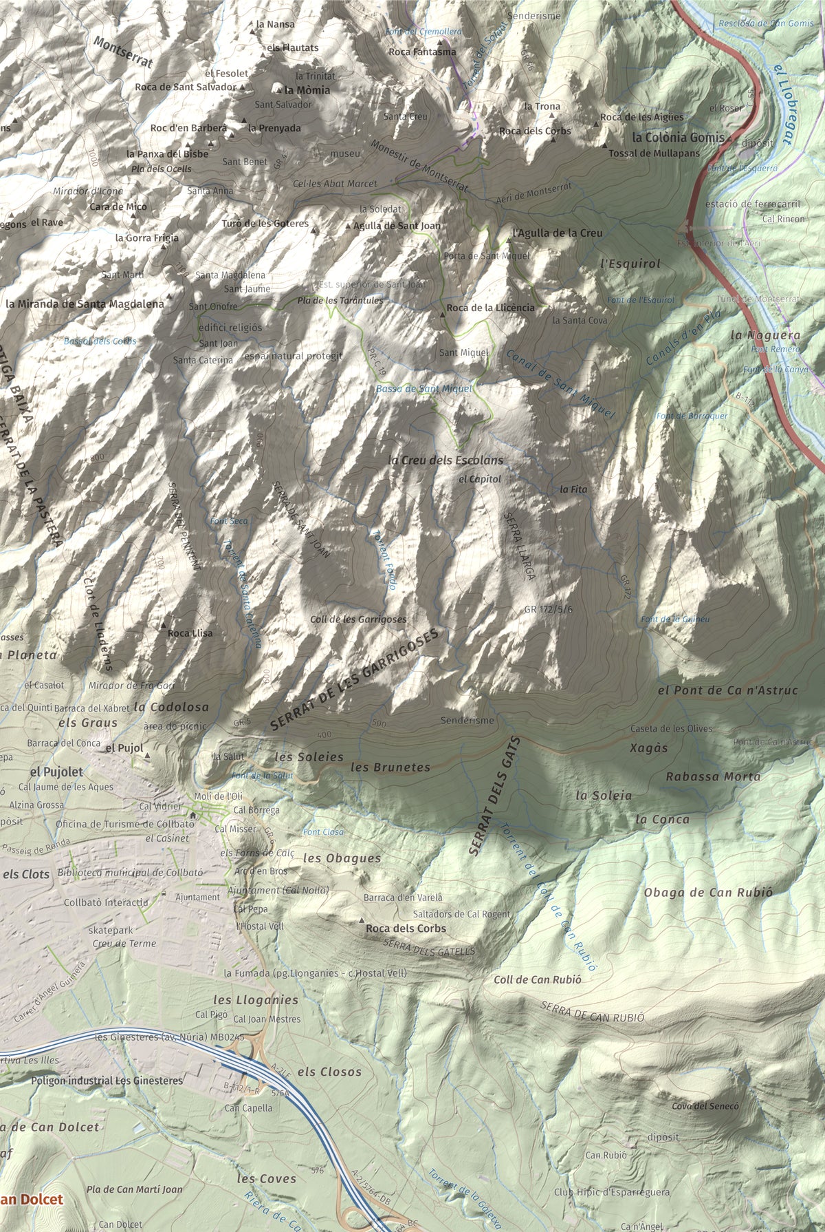 Mapa de relieve de Turó de Can Dolcet, 416 m, Anoia · Baix Llobregat, lámina 100 Cims de Trobart. Detalle de la zona superior derecha. 61 × 91 cm.