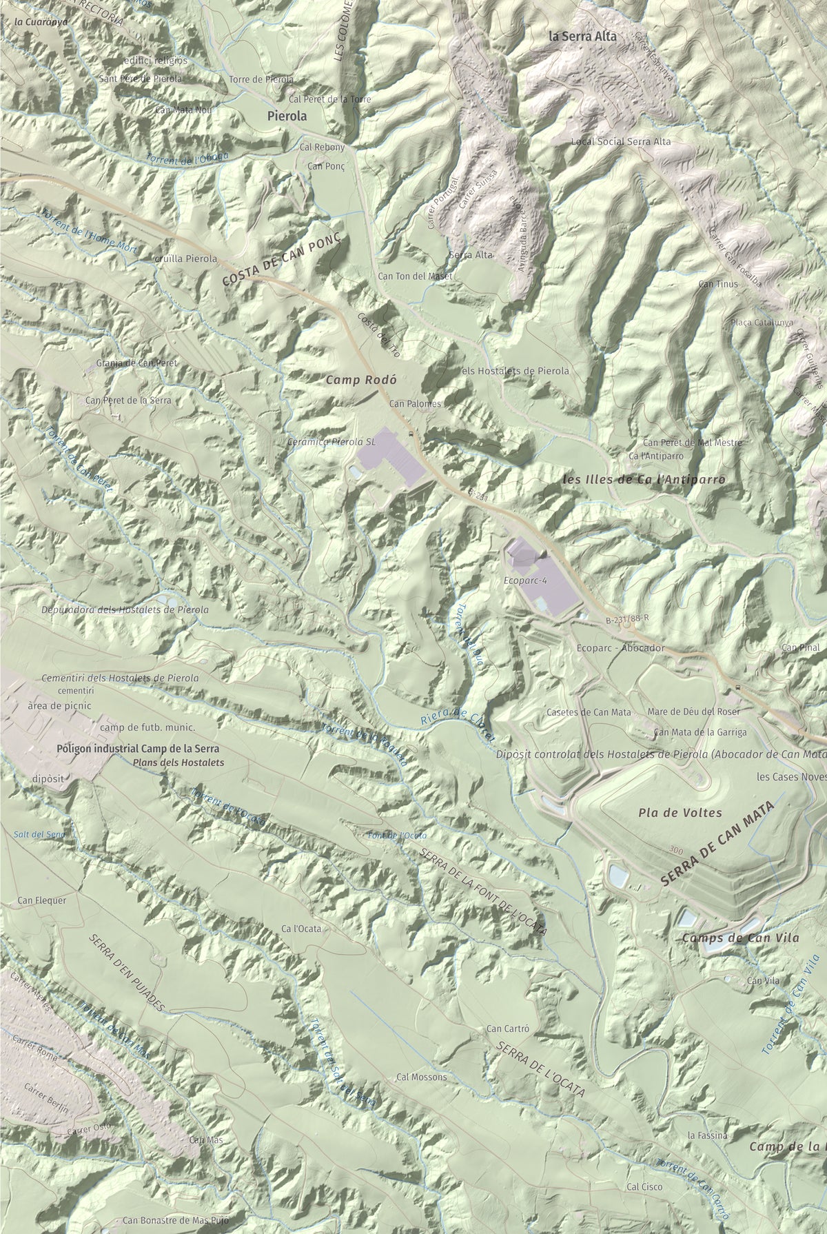 Mapa de relieve de Turó de Can Dolcet, 416 m, Anoia · Baix Llobregat, lámina 100 Cims de Trobart. Detalle de la zona inferior izquierda. 61 × 91 cm.