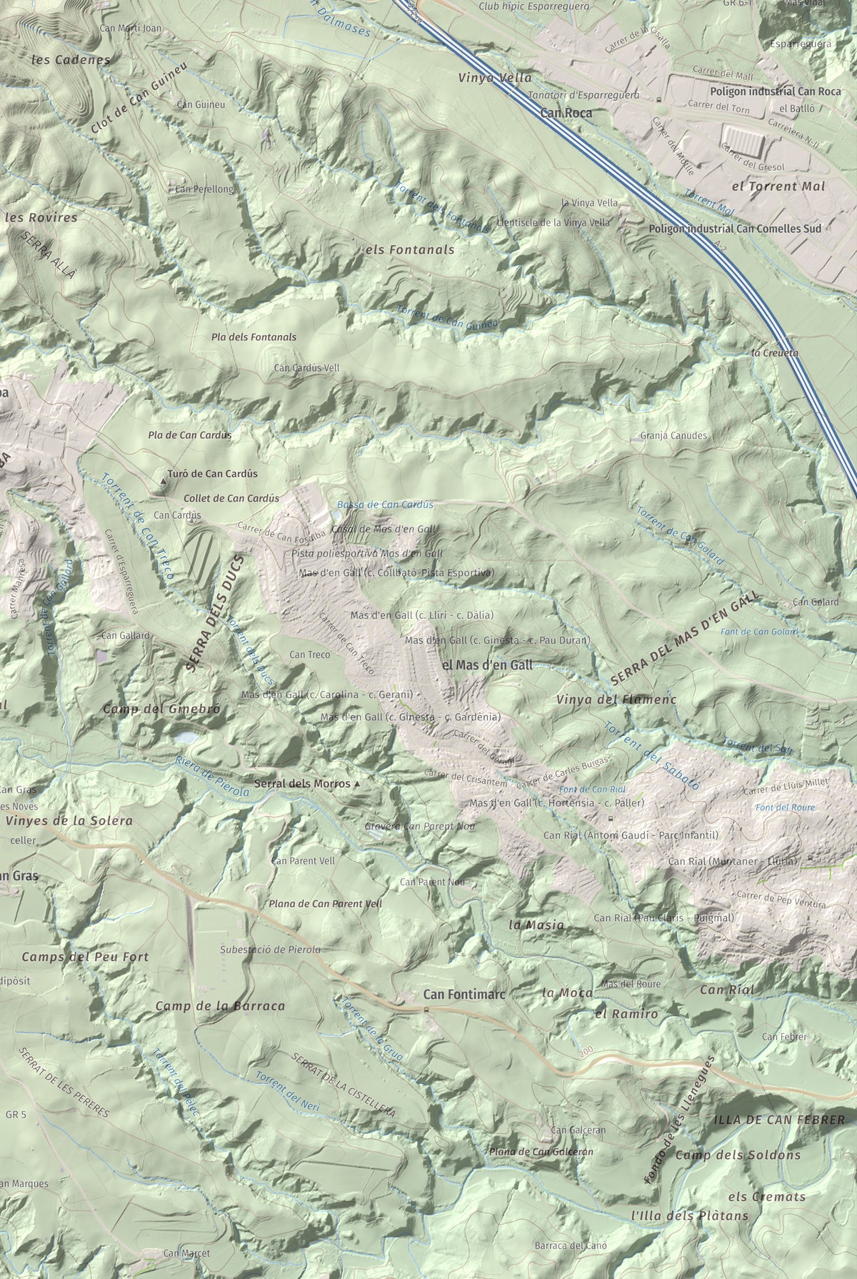 Mapa de relieve de Turó de Can Dolcet, 416 m, Anoia · Baix Llobregat, lámina 100 Cims de Trobart. Detalle de la zona inferior derecha. 61 × 91 cm.