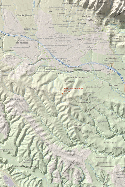 Mapa de relieve de Turó de Can Dolcet, 416 m, Anoia · Baix Llobregat, lámina 100 Cims de Trobart. Detalle de la zona central. 61 × 91 cm.