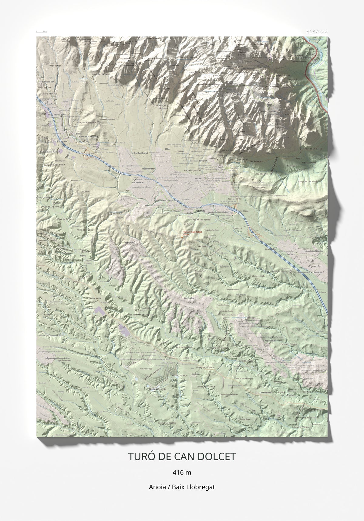 Mapa de relieve de Turó de Can Dolcet, 416 m, Anoia · Baix Llobregat, lámina 100 Cims de Trobart 70 × 100 cm.