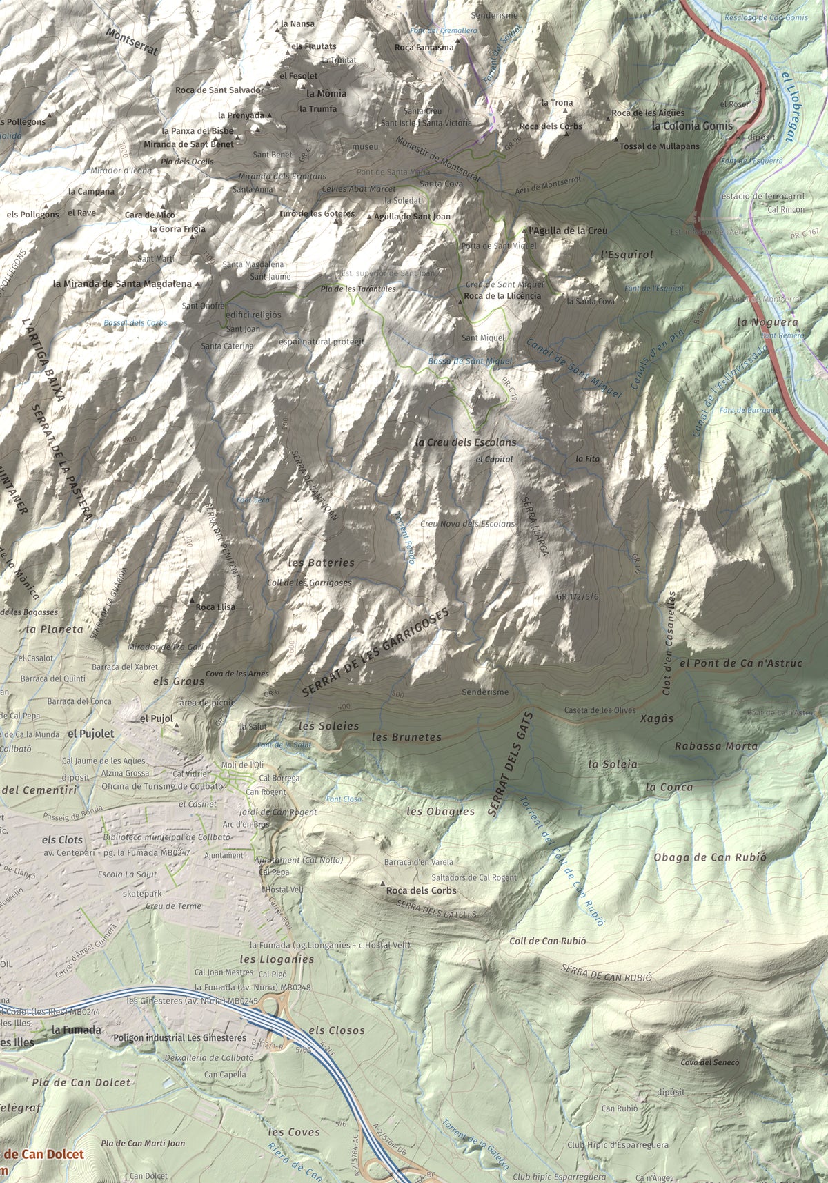 Mapa de relieve de Turó de Can Dolcet, 416 m, Anoia · Baix Llobregat, lámina 100 Cims de Trobart. Detalle de la zona superior derecha. 70 × 100 cm.