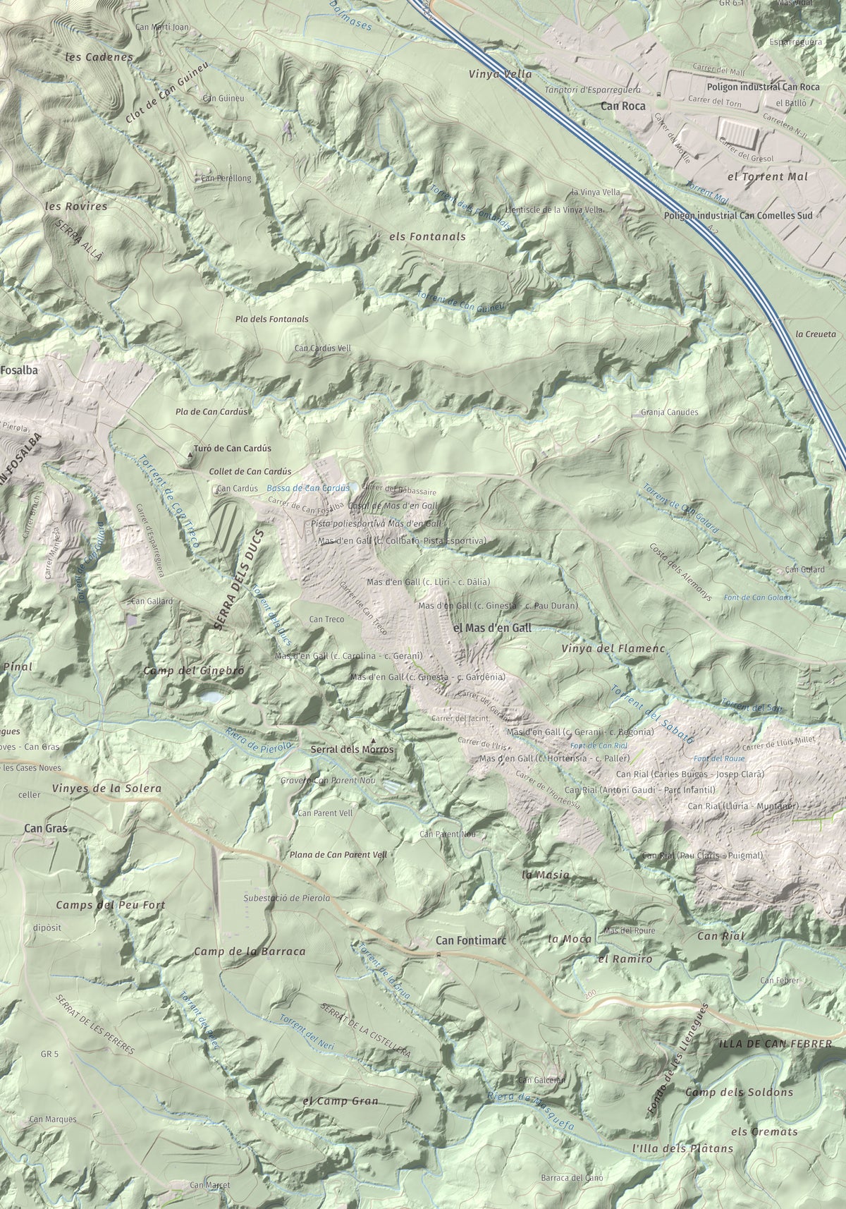 Mapa de relieve de Turó de Can Dolcet, 416 m, Anoia · Baix Llobregat, lámina 100 Cims de Trobart. Detalle de la zona inferior derecha. 70 × 100 cm.
