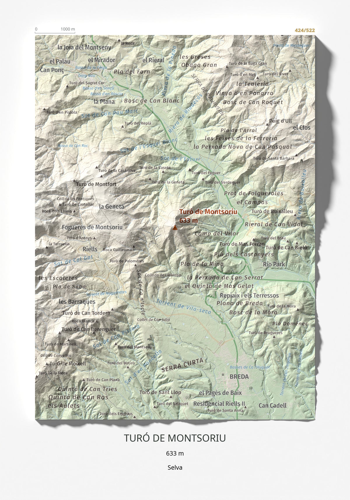 Mapa de relieve de Turó de Montsoriu, 633 m, Selva, lámina 100 Cims de Trobart 21 × 30 cm.