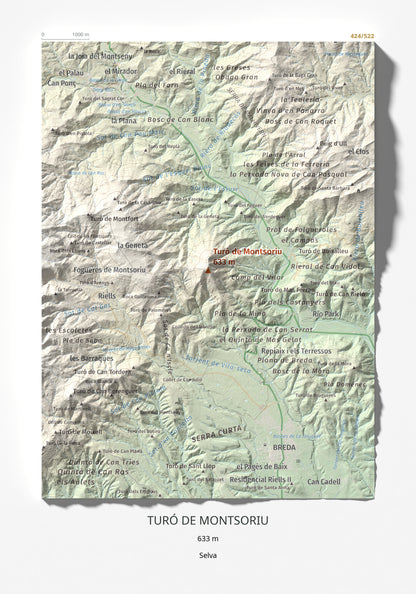 Mapa de relieve de Turó de Montsoriu, 633 m, Selva, lámina 100 Cims de Trobart 21 × 30 cm.