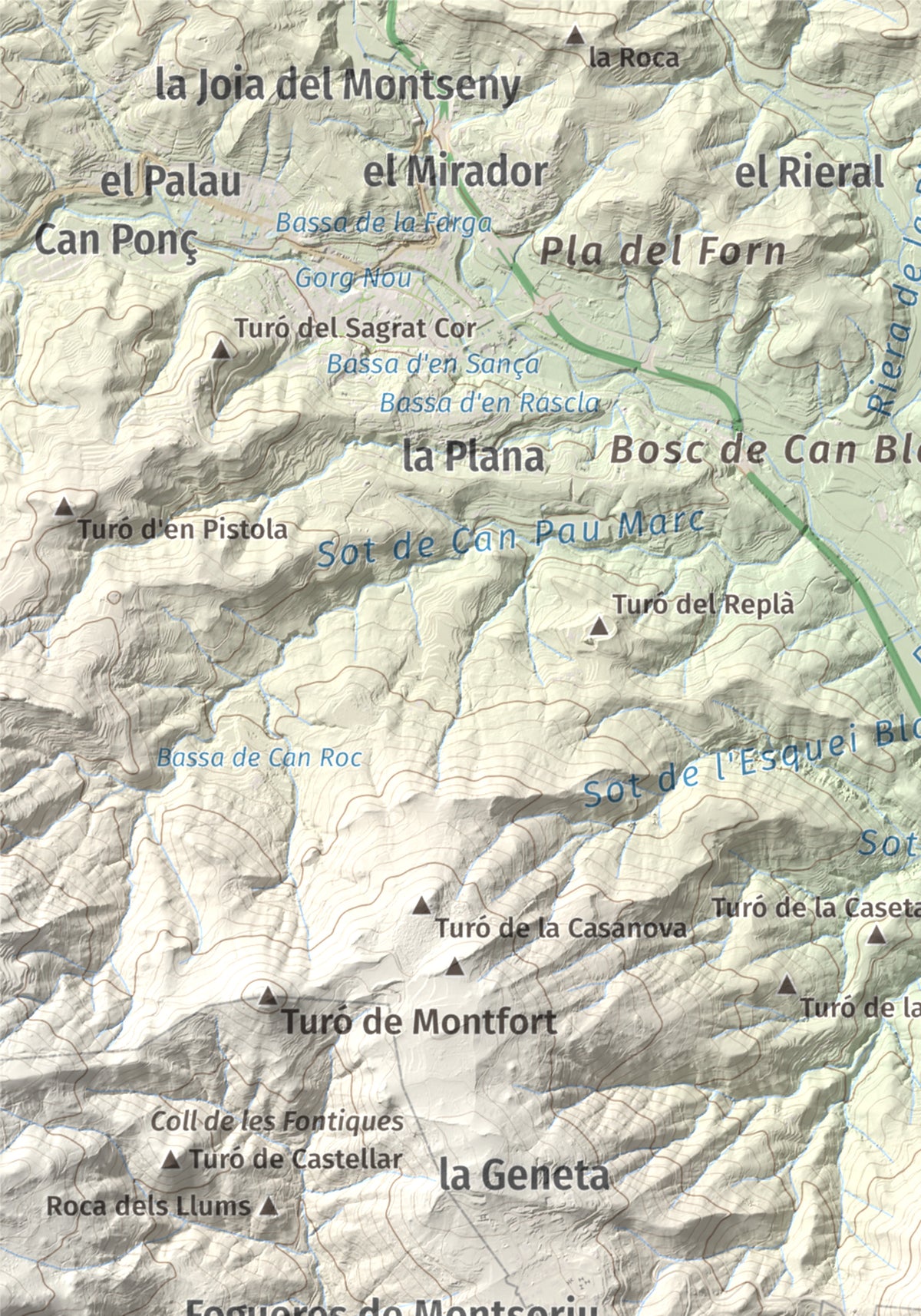 Mapa de relieve de Turó de Montsoriu, 633 m, Selva, lámina 100 Cims de Trobart. Detalle de la zona superior izquierda. 21 × 30 cm.