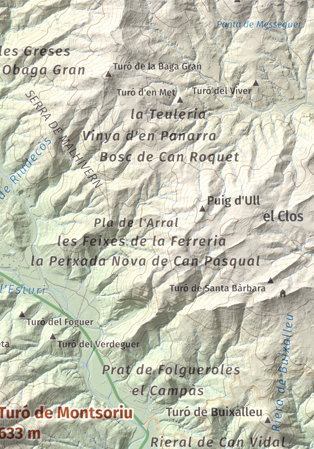 Mapa de relieve de Turó de Montsoriu, 633 m, Selva, lámina 100 Cims de Trobart. Detalle de la zona superior derecha. 21 × 30 cm.