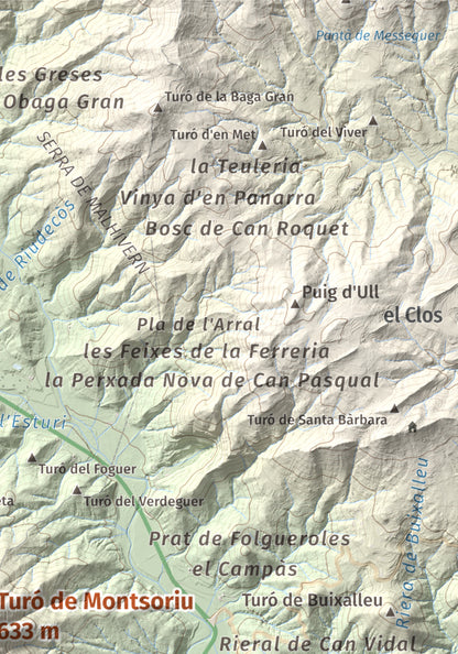 Mapa de relieve de Turó de Montsoriu, 633 m, Selva, lámina 100 Cims de Trobart. Detalle de la zona superior derecha. 21 × 30 cm.