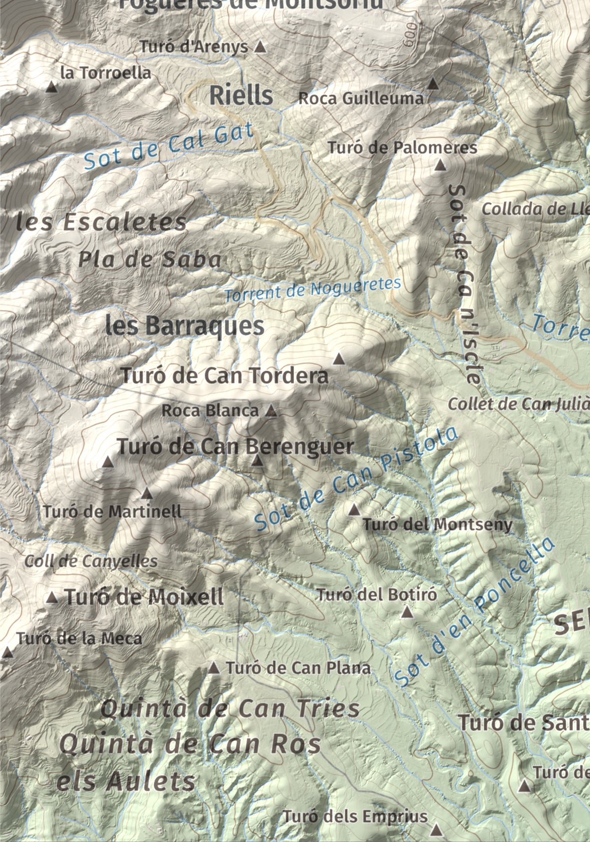 Mapa de relieve de Turó de Montsoriu, 633 m, Selva, lámina 100 Cims de Trobart. Detalle de la zona inferior izquierda. 21 × 30 cm.