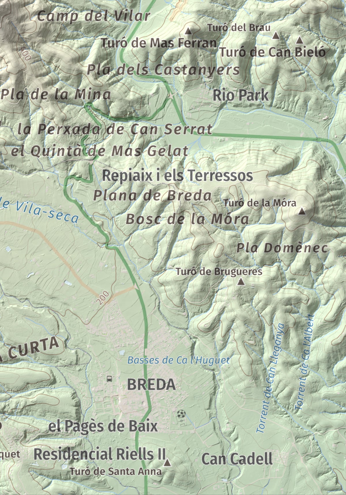 Mapa de relieve de Turó de Montsoriu, 633 m, Selva, lámina 100 Cims de Trobart. Detalle de la zona inferior derecha. 21 × 30 cm.
