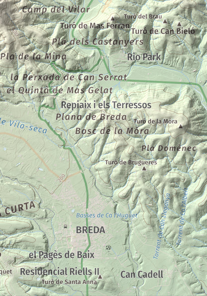 Mapa de relieve de Turó de Montsoriu, 633 m, Selva, lámina 100 Cims de Trobart. Detalle de la zona inferior derecha. 21 × 30 cm.
