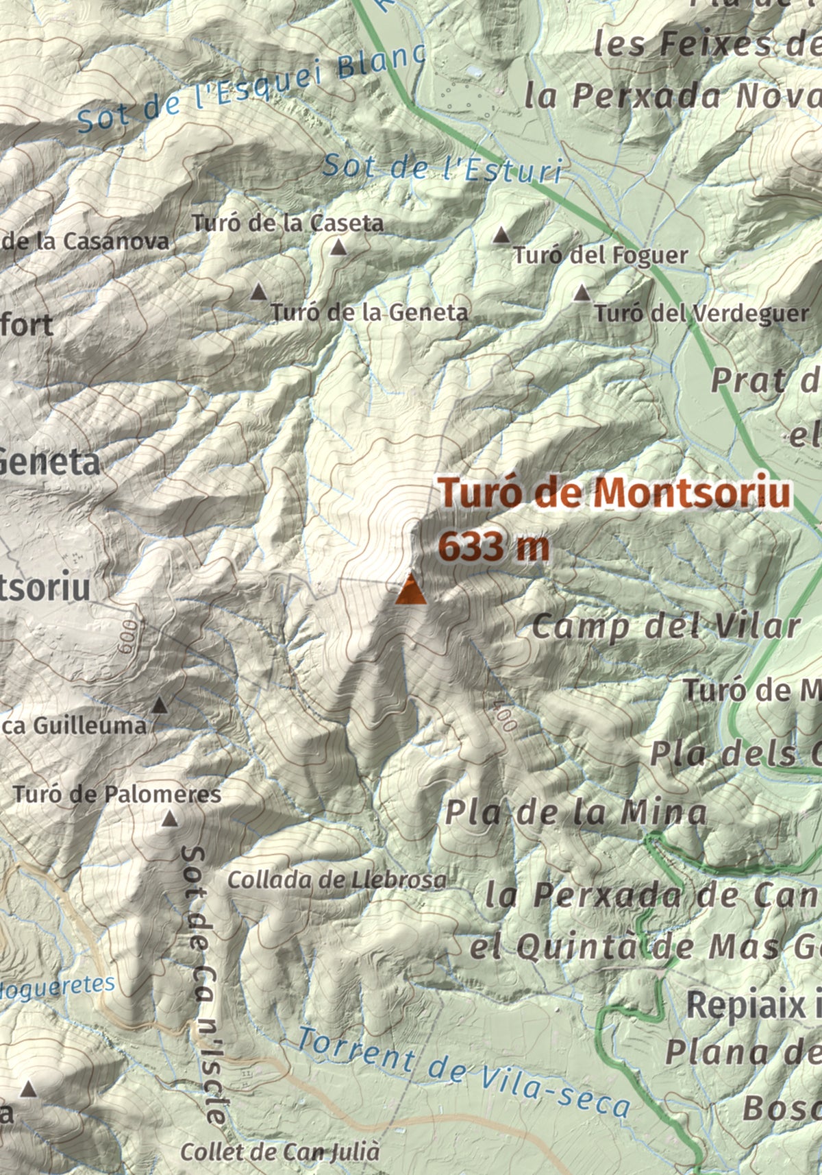Mapa de relieve de Turó de Montsoriu, 633 m, Selva, lámina 100 Cims de Trobart. Detalle de la zona central. 21 × 30 cm.