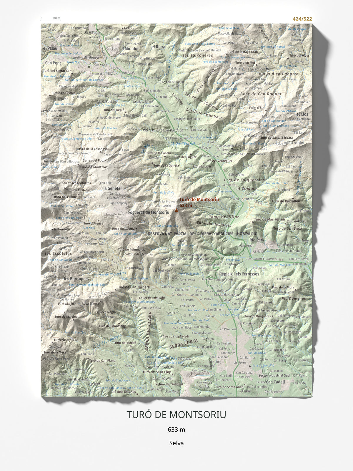 Mapa de relieve de Turó de Montsoriu, 633 m, Selva, lámina 100 Cims de Trobart 30 × 40 cm.
