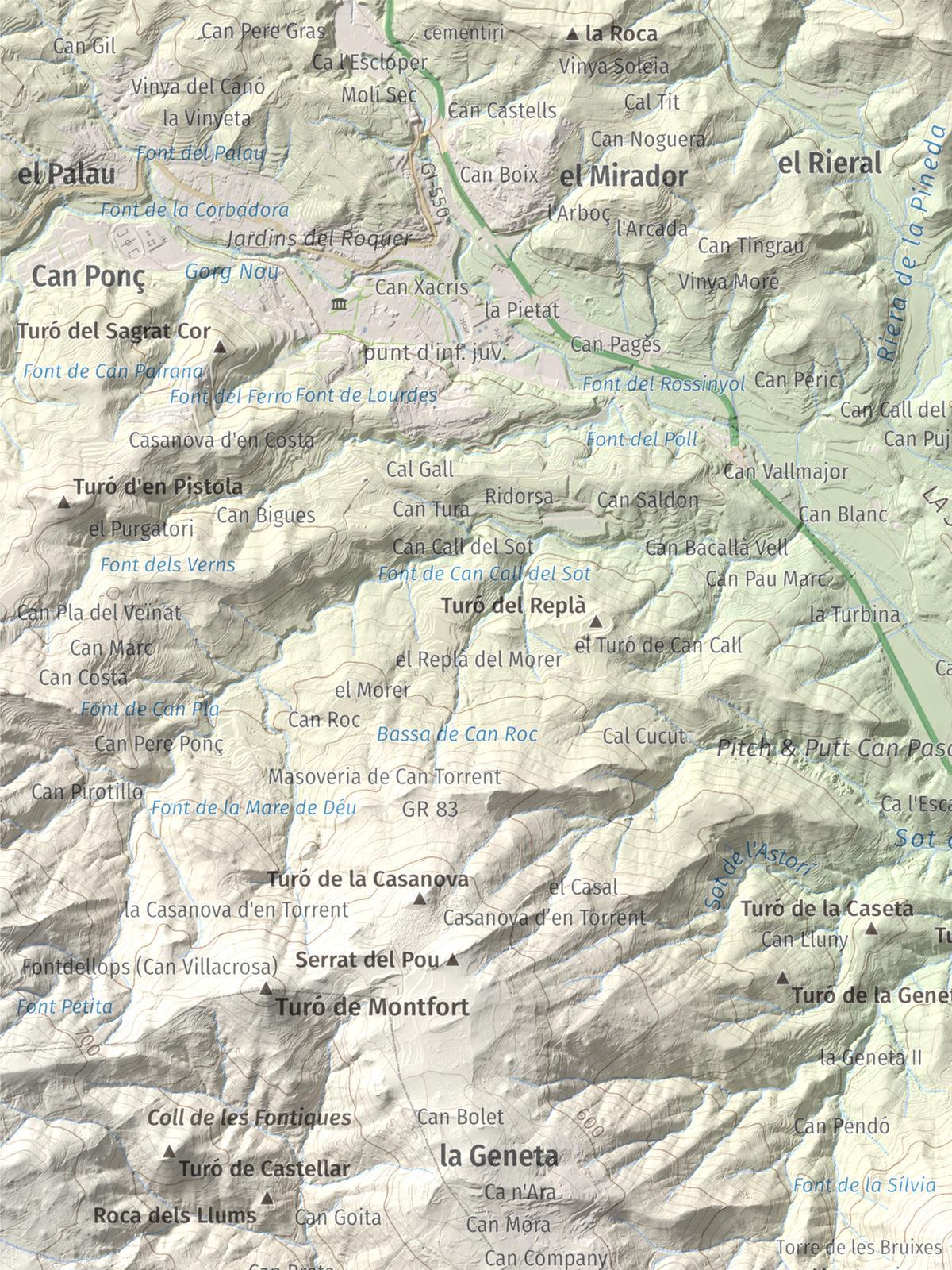Mapa de relieve de Turó de Montsoriu, 633 m, Selva, lámina 100 Cims de Trobart. Detalle de la zona superior izquierda. 30 × 40 cm.