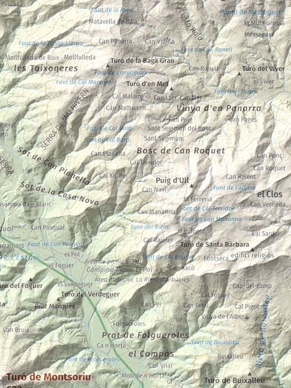 Mapa de relieve de Turó de Montsoriu, 633 m, Selva, lámina 100 Cims de Trobart. Detalle de la zona superior derecha. 30 × 40 cm.