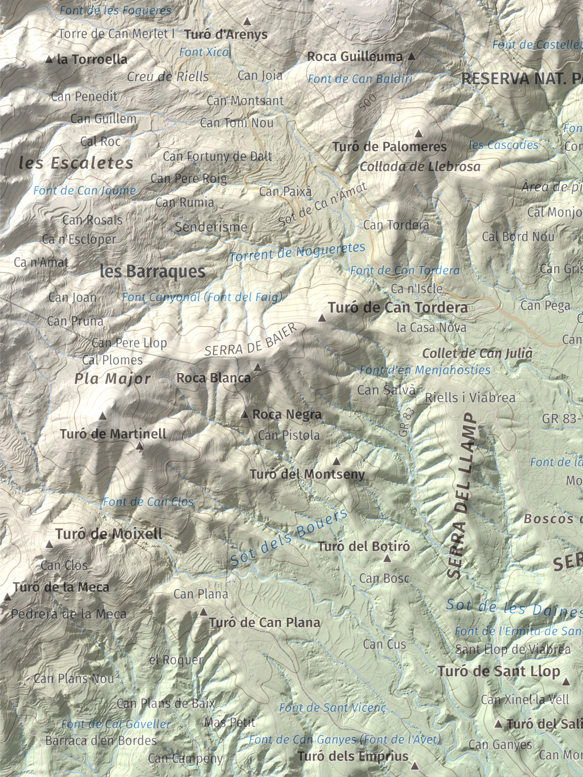 Mapa de relieve de Turó de Montsoriu, 633 m, Selva, lámina 100 Cims de Trobart. Detalle de la zona inferior izquierda. 30 × 40 cm.