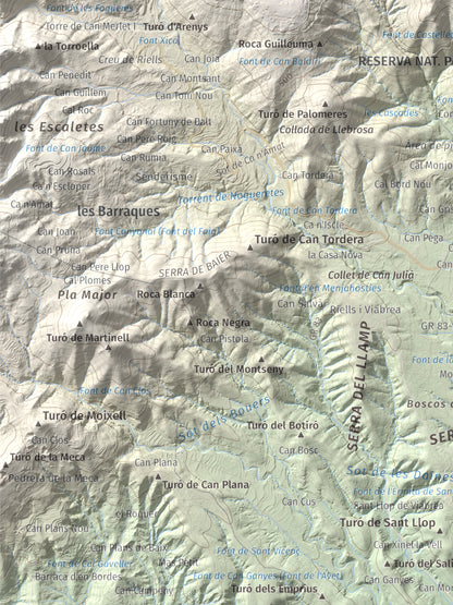 Mapa de relieve de Turó de Montsoriu, 633 m, Selva, lámina 100 Cims de Trobart. Detalle de la zona inferior izquierda. 30 × 40 cm.