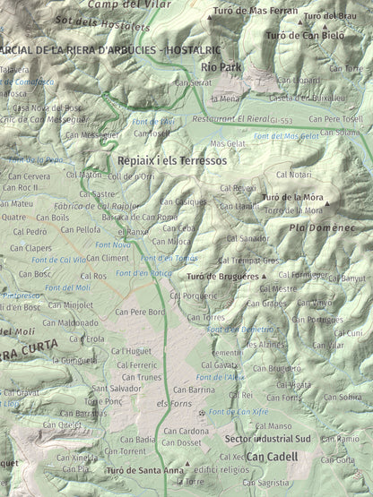 Mapa de relieve de Turó de Montsoriu, 633 m, Selva, lámina 100 Cims de Trobart. Detalle de la zona inferior derecha. 30 × 40 cm.