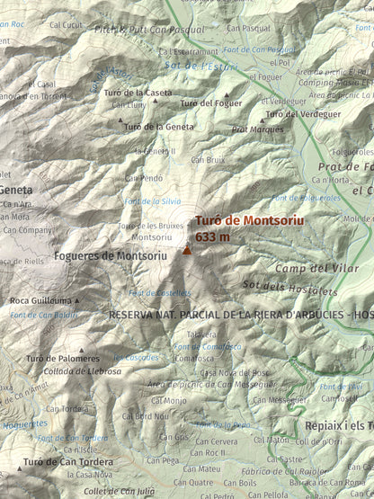 Mapa de relieve de Turó de Montsoriu, 633 m, Selva, lámina 100 Cims de Trobart. Detalle de la zona central. 30 × 40 cm.