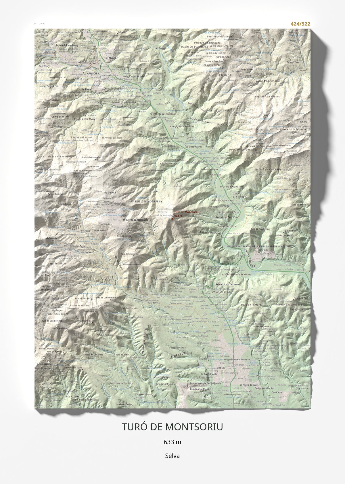 Mapa de relieve de Turó de Montsoriu, 633 m, Selva, lámina 100 Cims de Trobart 50 × 70 cm.